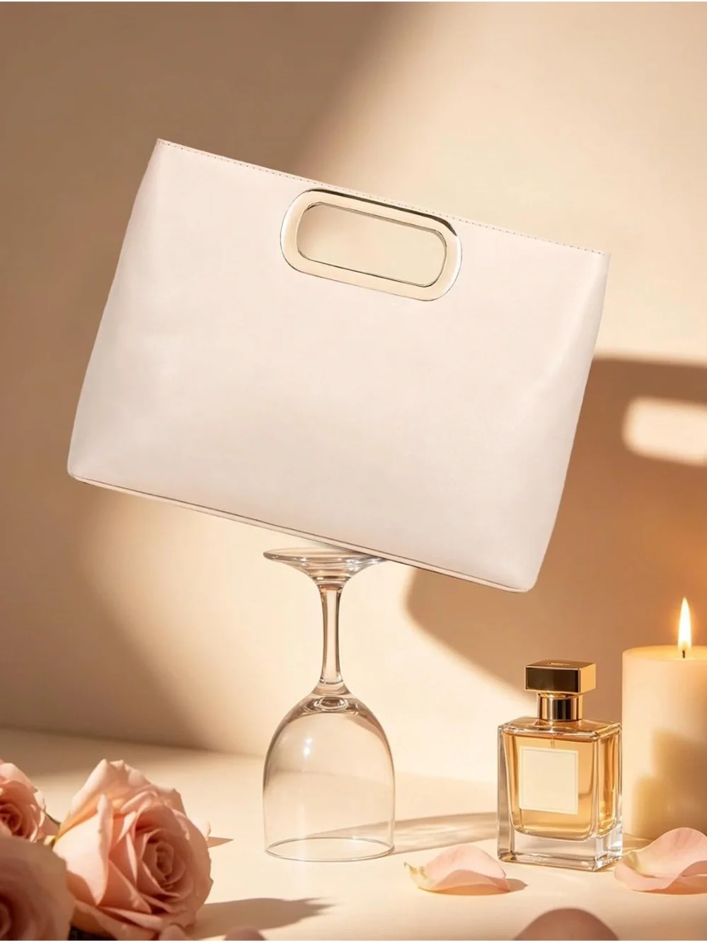 Cream Leather Clutch with Gold Oval Handle